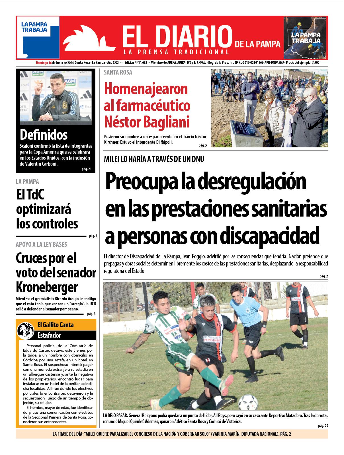 Tapa de El Diario en papel  domingo 16 de junio de 2024